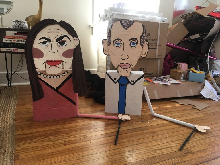 Sarah Huckabee Sanders and Stephen Miller puppets made by Marcelina Chavira