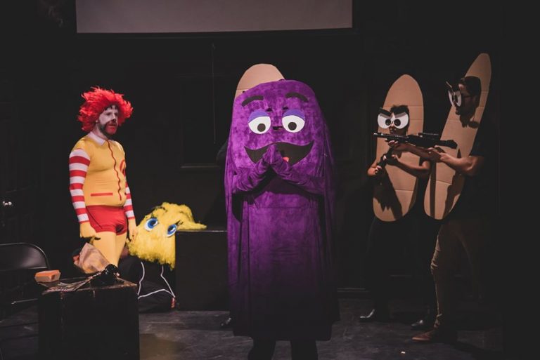 Actors dressed as Grimace, McNugget Buddies, and Fry Guy for a Friendo sketch